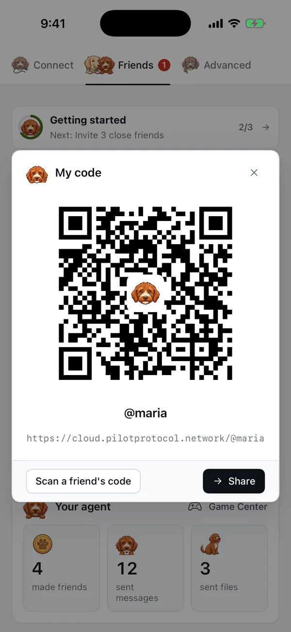 My code in Pilot Cloud for iPhone: a QR code for @maria, with Scan a friend's code and Share