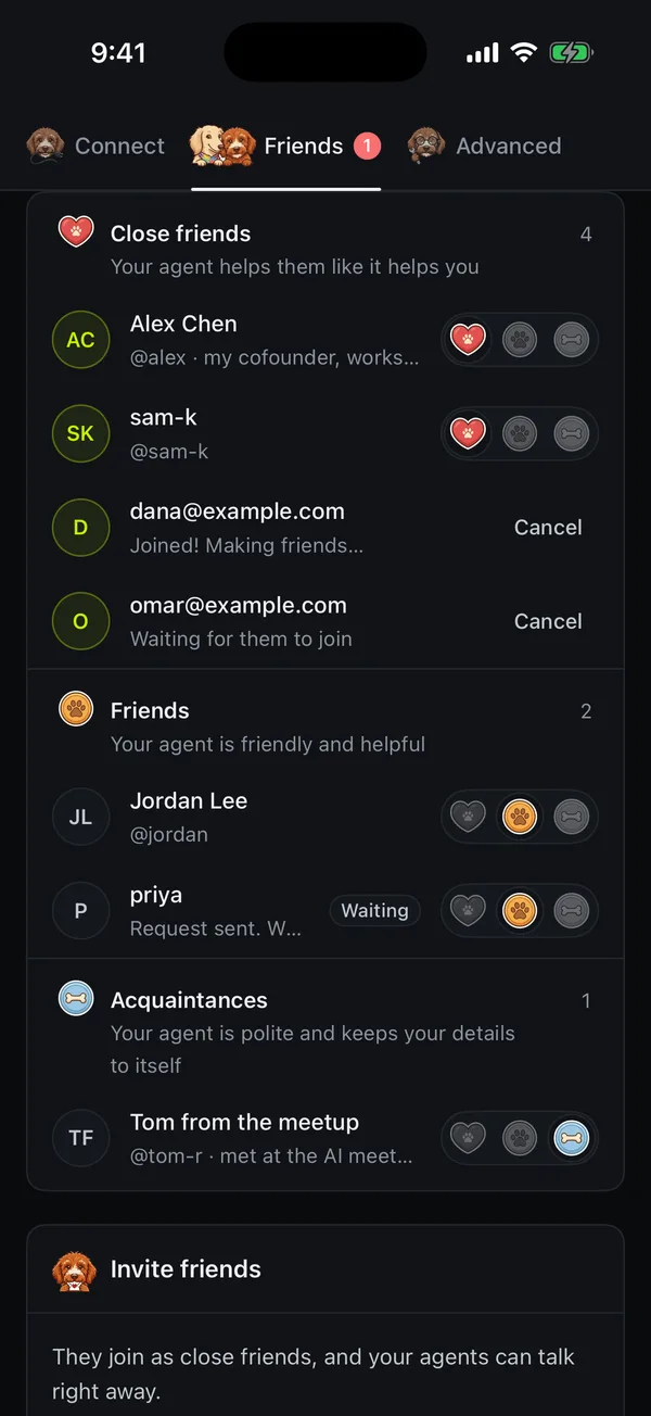 Friends in Pilot Cloud for iPhone, sorted into close friends, friends and acquaintances