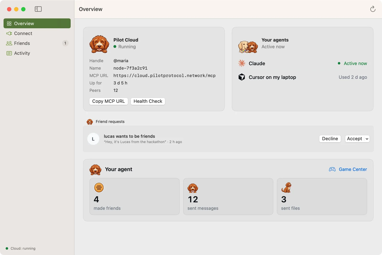 Pilot Cloud for Mac: the Overview, with your agent, the apps signed in to it, a friend request and what your agent did